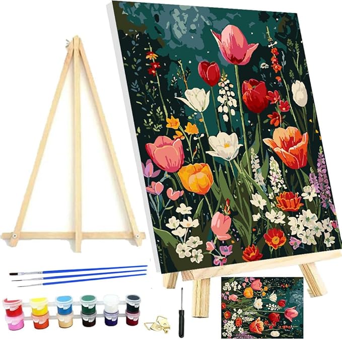 Meothan Framed Paint by Numbers Kits for Adults, Flowers Paint by Numbers Kits on Canvas with Easel for Home Wall Decor 11.8x15.7inch (30x40cm)
