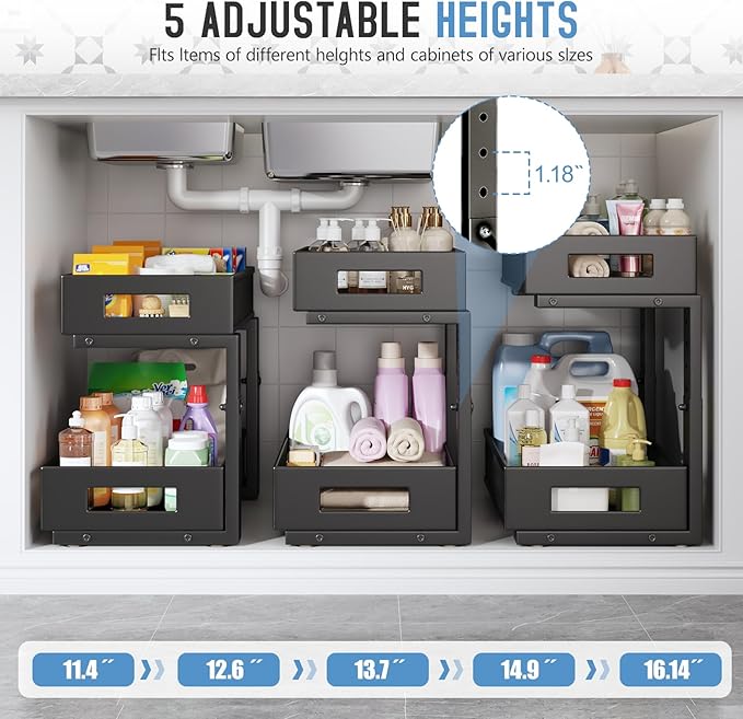 2-Pack Under Sink Organizers And Storage,Large Capacity 2-Tier Pull-Out Cabinet Organizer With Upgraded Tube Rails,Adjustable Height Sliding Drawers,Sturdy Mesh Shelves For Kitchen&Bathroom-Black