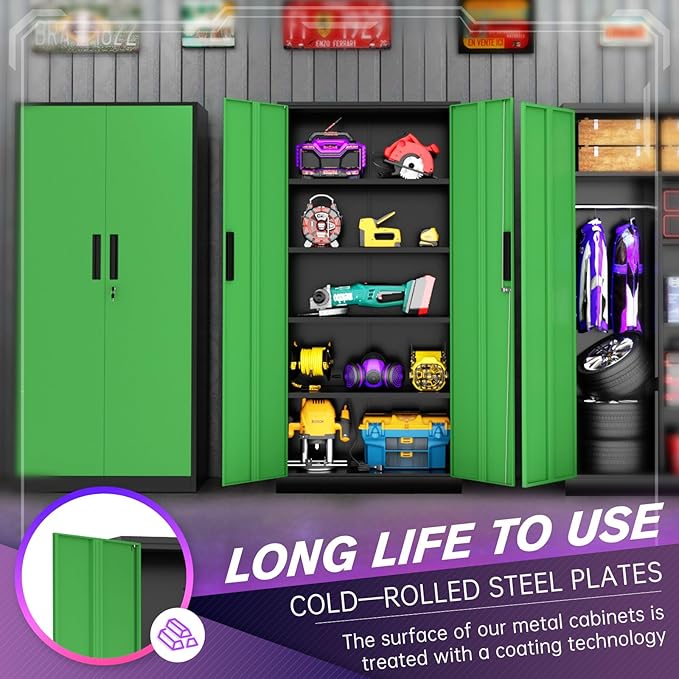 Superday Metal Storage Cabinets, 72" Storage Cabinet with Locking Door, Tall Garage Cabinet with 2 Doors and 4 Adjustable Shelves for Home Office, Classroom, Easy Assemble(Black Green)