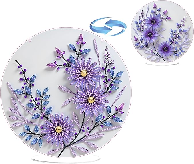 ARTopet DIY Diamond Desktop Ornament PET Irregular Shape Special Shaped Crystal Double Sided Pattern Single Sided Diamond Art Painting Tabletop Home Ornaments Decor (Purple Flowers01)