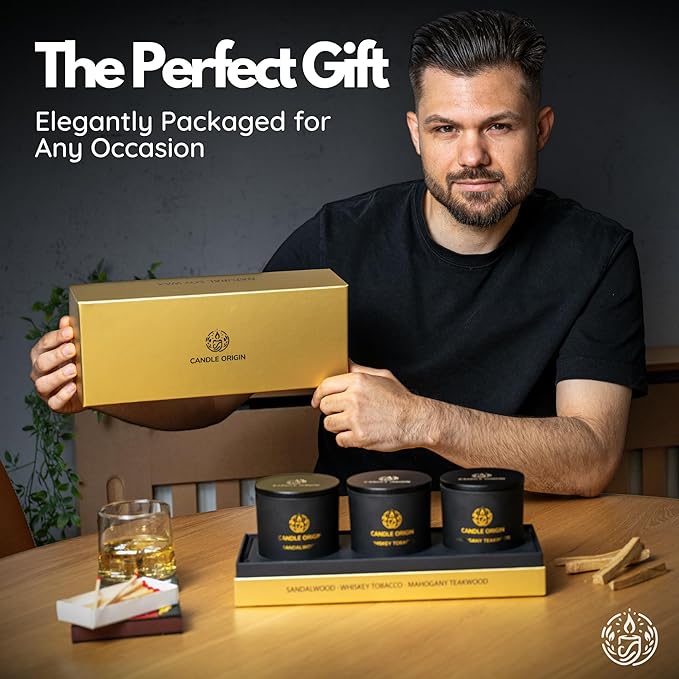 Mens Luxury Candles Gift Set – 3×10oz Masculine Scented Soy Wax Aromatherapy Candles – Sandalwood, Whiskey Tobacco, Mahogany Teakwood – Long Lasting, Non Toxic, Home, Office, Man Cave Decor