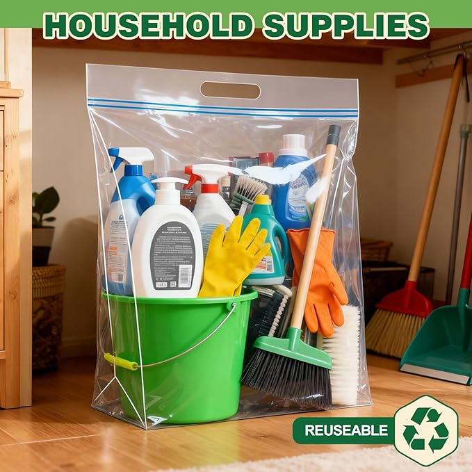 5 PACK 25 Gallon Extra Large Storage Bags, 35.5"x 24"x 7" Resealable Clear Zipper Bags with Handle, Heavy Duty Big Bag for Clothes Pillow Travel Moving, Expandable Bottom, 8 Mil Thick