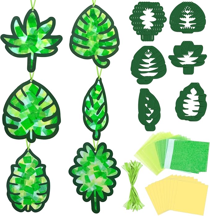 Qyeahkj 36 Set Palm Sunday Suncatchers Crafts for DIY Easter Palm Leaves Window Tissue Paper Crafts Kit Green Leaf Hanging Decor for Spring Home Activity Art Project Party Favor Gift