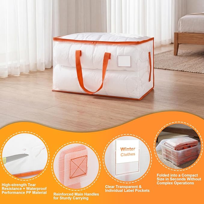 KYODOLED Clear Moving Bags with Orange Handles, 2-Pack Heavy Duty Storage Totes for Clothes & Bedding, Extra Large 27"x14"x15" (24 Gal), Foldable Transparent Moving Supplies with Label Pocket