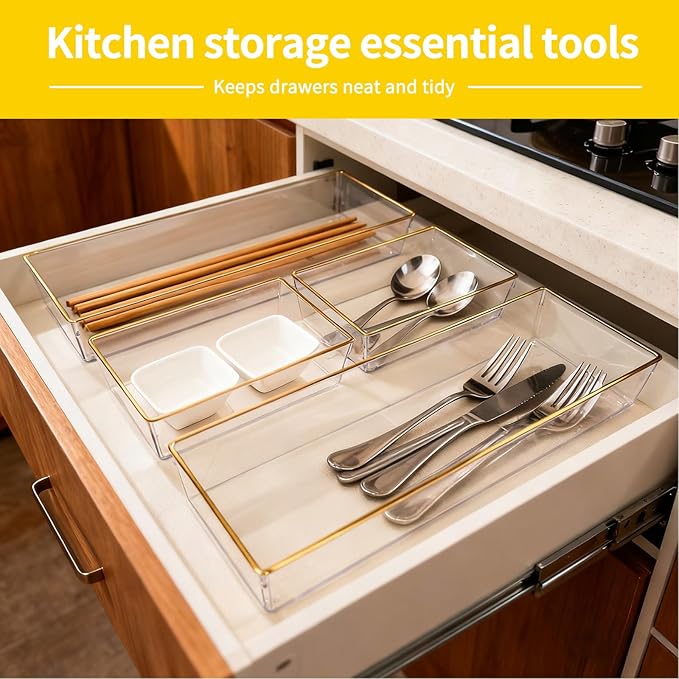 4 Pack Large Size Clear Stackable Drawer Organizer Trays, Gold Rim Makeup Drawer Storage Tray Divider, Desk Storage for Makeup, Jewelry, Bathroom, Stationary, Kitchen Utensils and Office Desk