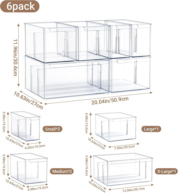 Clear Plastic Storage Bins with Dividers for Fridge Pantry Organizers and Storage Containers, 6 Pack Acrylic Stackable Sturdy Storage Boxes for Home Edit and Cabinet Organizers 6" High, C6-3