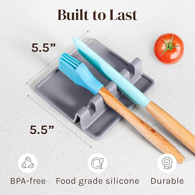 Cooler Kitchen Gray Silicone Spoon Rest for Stove Top with Drip Pad (2 Pack) - Heat Resistant BPA Free Utensil Rest & Kitchen Spoon Holder for Kitchen Counter - Grill Countertop - Spatula Holder