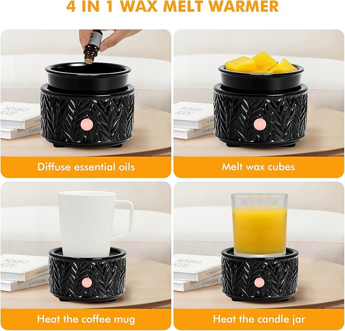 EQUSUPRO Wax Melt Warmer for Scented Wax - 4-in-1 Electric Ceramic Candle Wax Warmer Fragrance Wax Burner Melter for Home Office Decor & Gift for Women (Black Leaf)