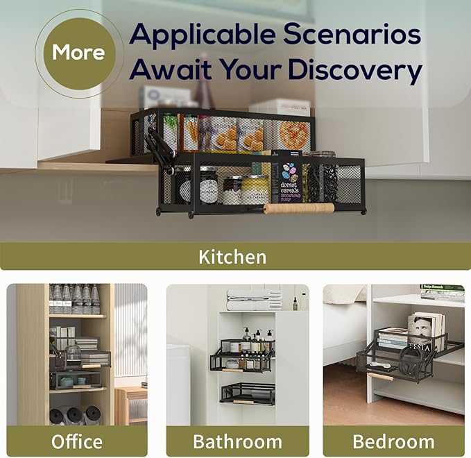 HOUSE AGAIN 2 Tier Pull Out&Down Cabinet Organizer, Drop Down Spice Rack Shelf Easy Reach for Upper Kitchen Cabinet, Slide Out Storage Basket Drawer with Handle for Pantry/Cupboard/Office, 2 Fix Mode