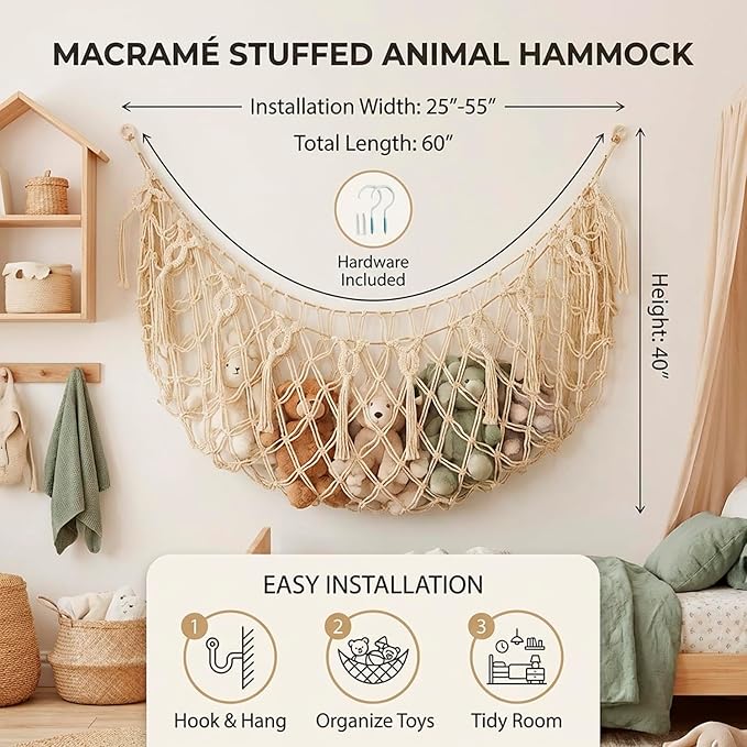 Stuffed Animal Net or Hammock XL for Flat Wall Mounted Handmade Macrame Toy Display Hanging Plush Toy Net for Stuff Animal Storage(Cream)