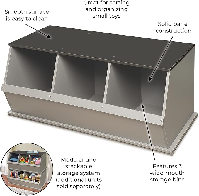 Badger Basket Three-Bin Stackable Storage Cubby – Woodgrain Gray, Expandable Storage with Top Display Shelf for Toys, Crafts & More