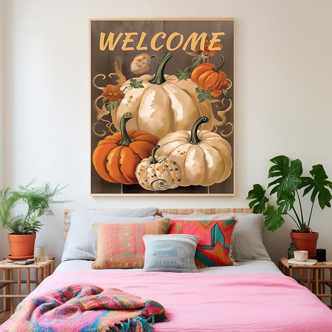 GUAIEUW DIY Diamond Painting Kit - Autumn Pumpkin Diamond Painting, 5D Full Round Diamond Diamond Art Painting for Adults with Accessories, Home Wall Decor Premium Gift 16x24 Inch
