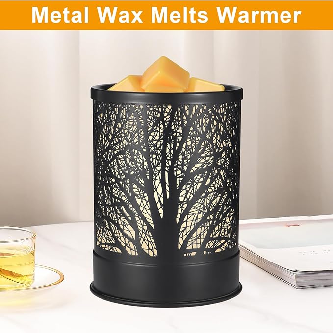 Metal Wax Melts Warmer, 2-in-1 Electric Scented Candle Wax Melter and Cubes, Aromatherapy Essential Oil Burner for Home Décor Office and Bedroom, with LED Light (Black Tree)