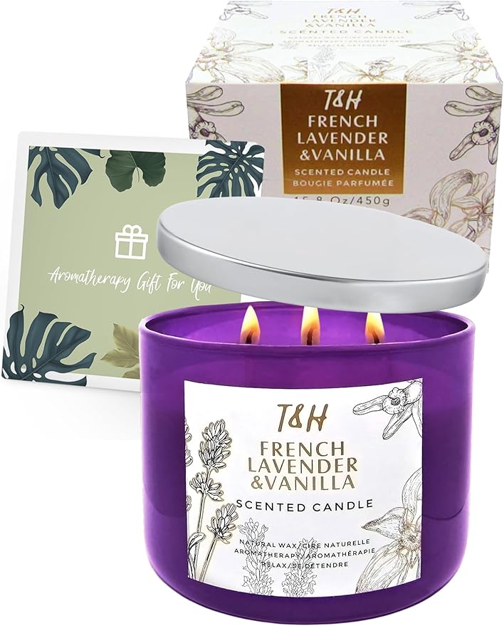 Lavender Vanilla 3-Wick Soy Candle | 80 Hour Burn | 15.8 oz Aromatherapy Scented Candle for Home | Calming Floral Scent | Gift Ready