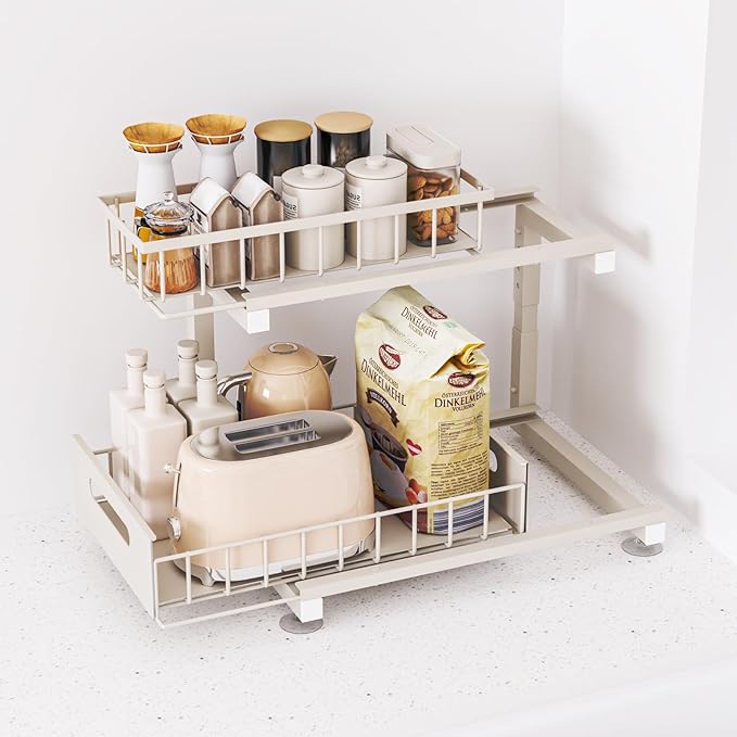 Under Sink Organizer, Heavy Duty Metal Pull Out Cabinet Organizer Slide Out Sink Shelf Organizer Height Adjustable, Multi-Purpose Storage Shelf for Kitchen Bathroom(Sand,1Pack)