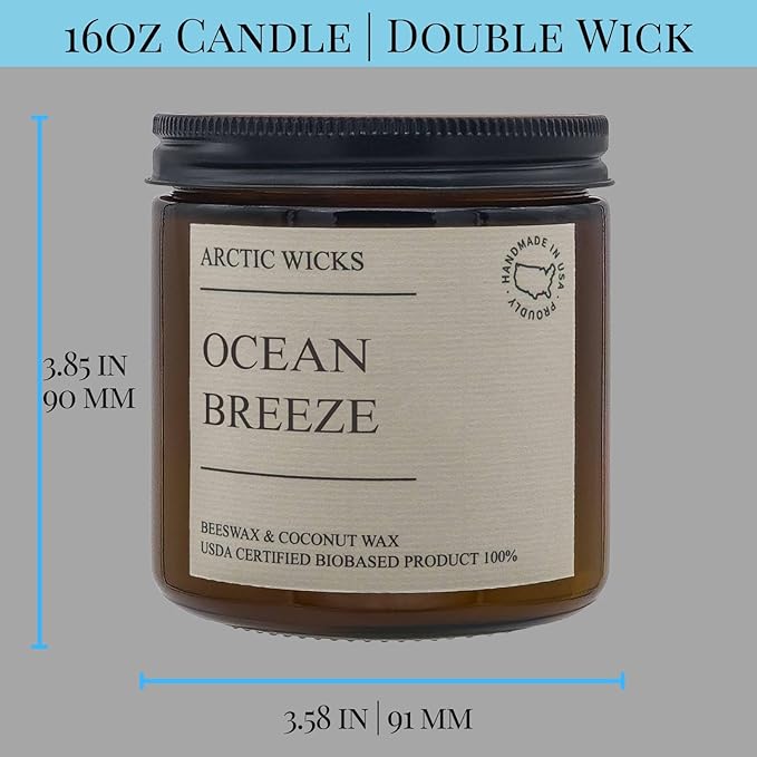 Ocean Breeze Candles | Arctic Wicks Coconut & Beeswax Candles | 16oz Amber Scented Candle for Spring Summer Home Decor Gifts Marine Ocean Mist Sea Salt Beach Non-Toxic Candle | USDA Certified Biobased