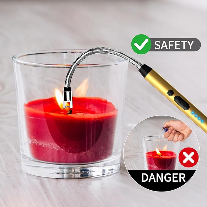 2-Pack Rechargeable Electric Candle Lighters, Flameless Windproof Long Lighter with 360° Flexible Neck and LED Display for Candles, Camping, BBQ & Fireplace (Gold)