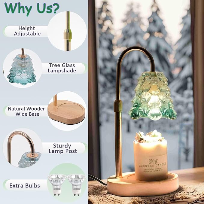Chritsmas Tree Lampshape Candle Warmer Lamp with Adjustable Height, Aroma Candle Warmer with Timer and Dimmer, Wooden Base Glass Wax Warming Lamp, Women's Gifts (Tree Green)