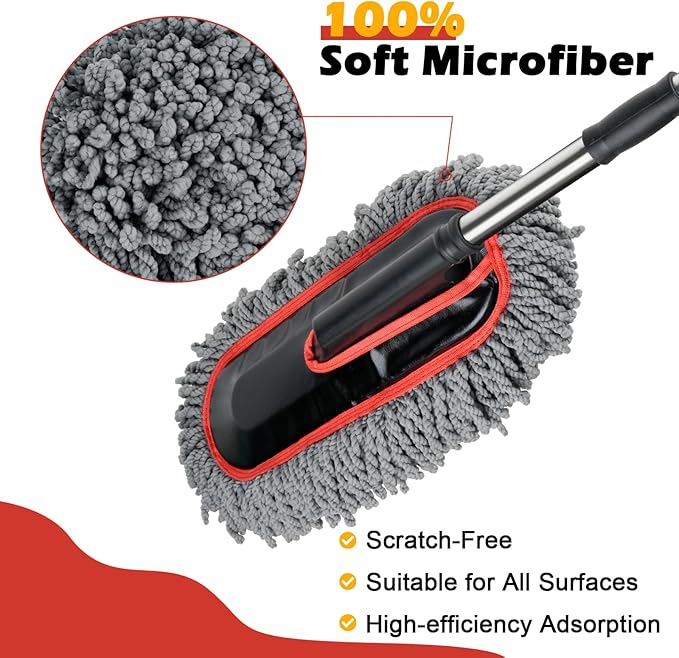 Car Duster Exterior Scratch Free,Microfiber Car Duster with Extendable Handle, with 3PCS Detailing Brush, Exterior Interior Multipurpose for SUV,Truck,RV