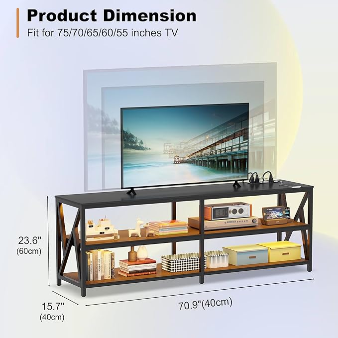 Lvifur LED TV Stand for 65 70 75 inch TV, Auto Sensor Entertainment Center with RGB Dimmable Lights, TV Console Table with Open Storage Shelves and Metal Frame (Black)