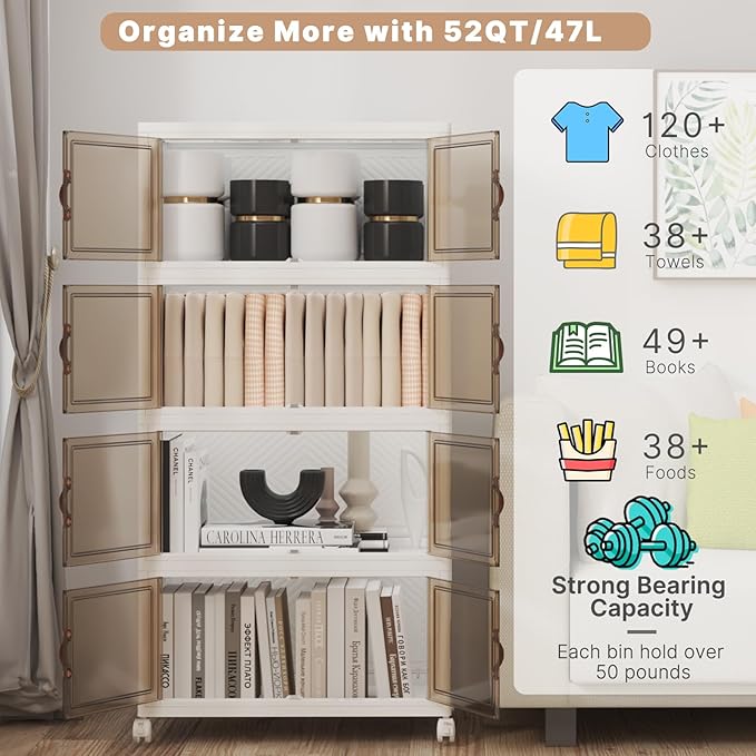 Stackable Storage Bins with Lids 192QT-48QT*4Pack Folding Storage box with Doors and Wheels, Collapsible Plastic Bins Stackable Organizer and Containers for Home, Garage, Office