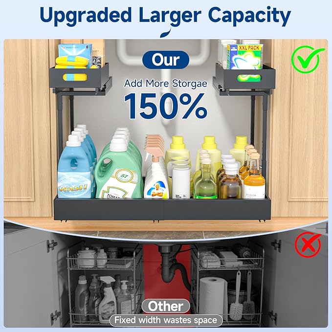 Upgrade Expandable Under Sink Organizer, Insputer 2 Tier Metal Under Cabinet Storage with 3 Slide Rails, Height Adjustable, Thickened Pull Out Drawer Shelf for Bathroom, Kitchen, Laundry, Pantry