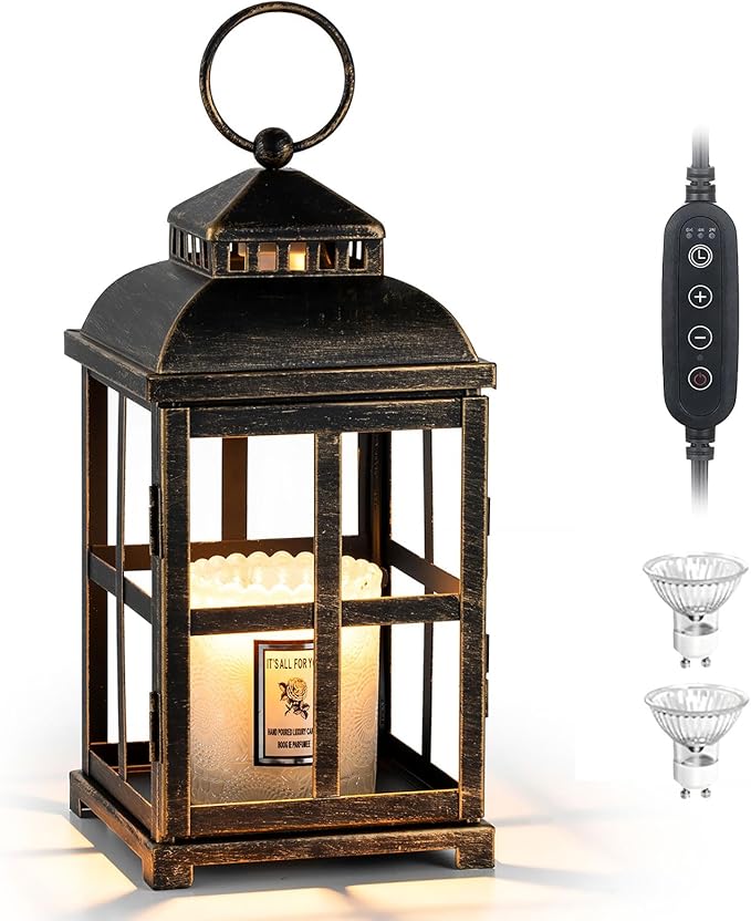 Candle Warmer Lamp with Timer: 11" Farmhouse Large Candle Warmer Lantern for 3 Wick Jar Candles Black Rustic Home Decor Electric Dimmable Wax Melter