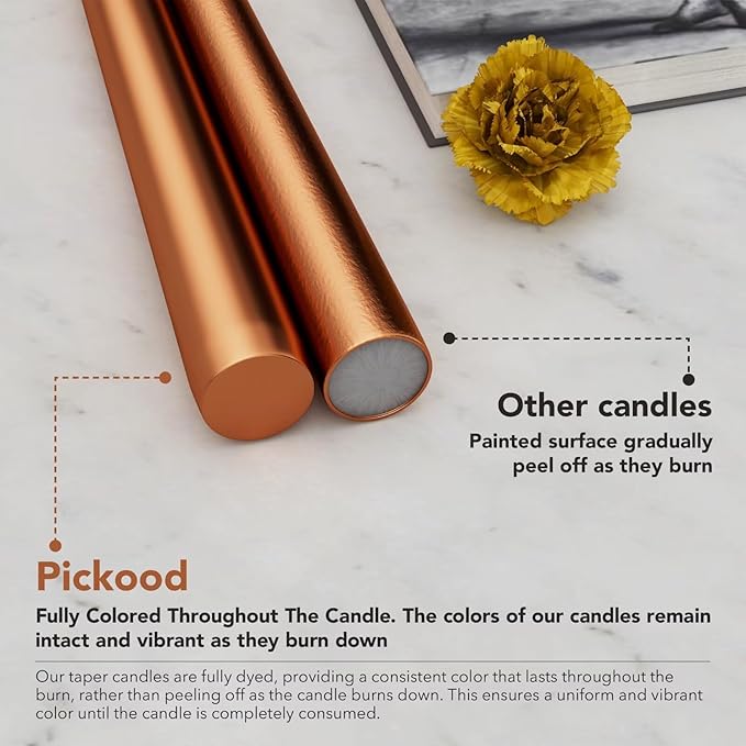 12-Inch Tall Dripless Taper Candles Set of 4 - Metallic Copper Tapered Candles, Perfect for Christmas - Smokeless, Unscented, Long Burning - Hand Poured, Colored Tall Candlesticks