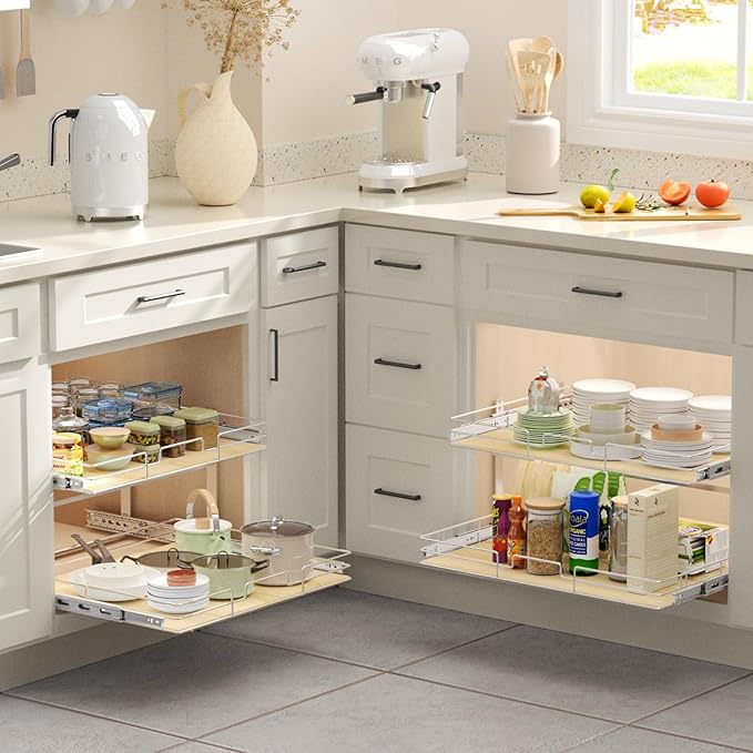 ROOMTEC 2 Tier Individual Pull Out Cabinet Organizer 28½"W x 21½"D, Slide Out Wood Shelves Organizers, Pull Out Drawers Organization and Storage for Kitchen Cabinet