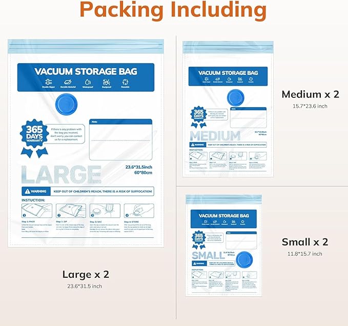 Vacuum Compression Storage Bags for Clothes - 6 Pack Reusable Space Saver Bags for travel (2 Large + 2 Medium + 2 Small)
