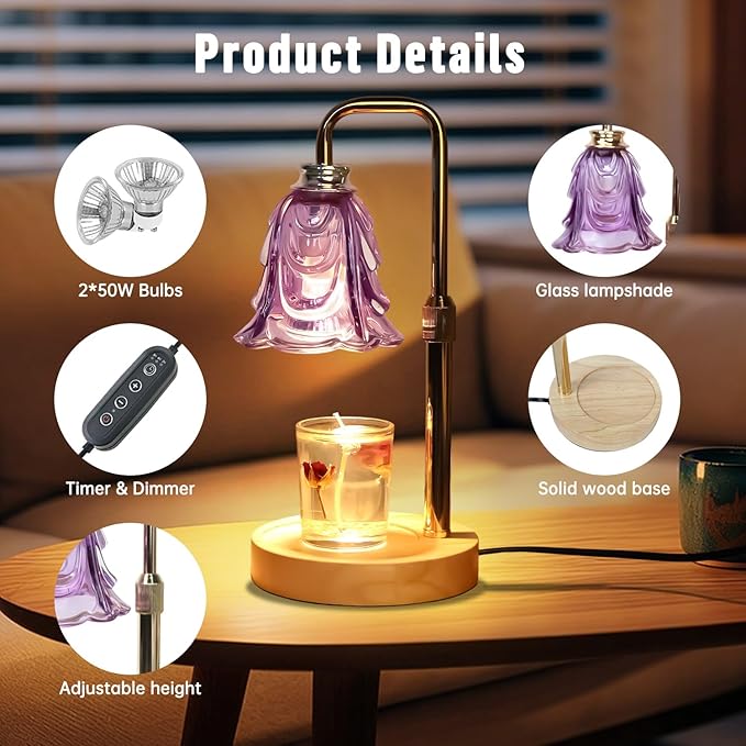 Candle Warmer Lamp with Timer Electric Adjustable Height Candle Warmer Dimmable Wax Warmer Lamp Jar Candles with 2 Bulbs for Home Decor & Office