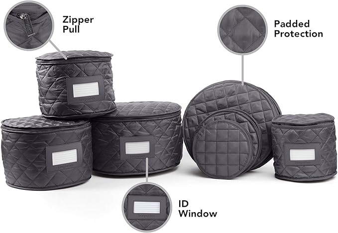 Covermates Keepsakes Dish Storage Set – Padded China & Dinnerware Storage Cases with Dividers, Cup & Stemware Storage, Quilted Polyester Protection, ID Window, Slate