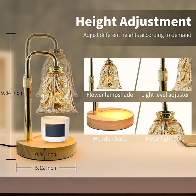 Candle Warmer Lamp with Timer & Dimmer, Adjustable Height Flower Candle Warmer for Jar Candles, Flameless Wax Melter with 2 Bulbs, Home Decor, Christmas, Birthday, Valentine's Gift for Women (A1-Gold)