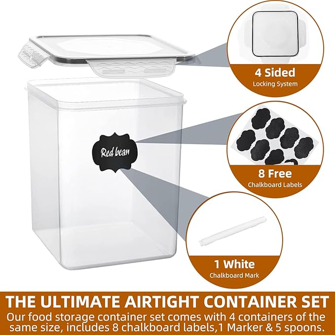 stusgo 5.2L (175oz) 4-Pack Airtight Food Storage Containers with Organization Kit - BPA-Free Plastic Canisters for Flour, Sugar, Rice & Baking Supplies, Includes Lids, Measuring Cups & Labels, Black