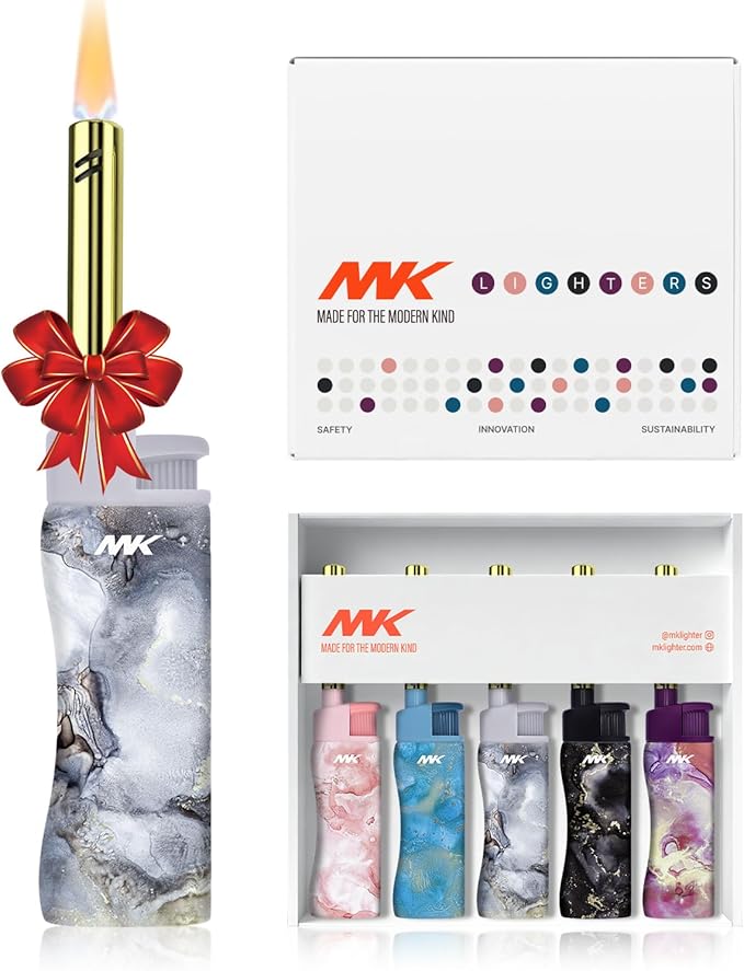 5pc MK Lighter Refillable Butane Lighters – Windproof Torch Flame, Multipurpose Jet Flame Butane with Long Wand for Indoor & Outdoor Use Gift Couples Friends Family (Marble - 5PCS)