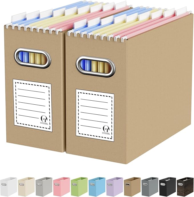 Oterri File Organizer Box, Portable Collapsible Cardboard File Folder Organizer with Handle for Letter Size Hanging Files, Document Storage Box for Home Office & Classroom (2 Packs, Brown)