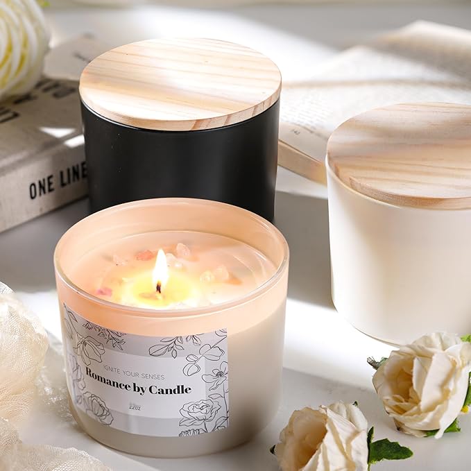 6Pcs Assorted Black and White Candle Jars for Making Candles, 12oz Empty Candle Jars with Bamboo Lids,Labels and 100g Crystal Rocks, Glass Jars for Candle Making, Candle Containers for DIY Gifts