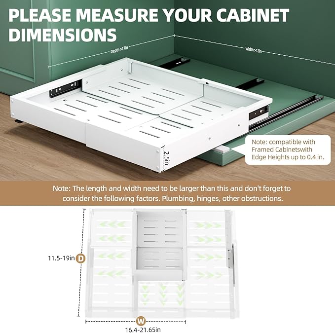 Expandable Pull Out Cabinet Organizer, Adjustable Width 12"-19" & Depth 16.5"-22", 4-Side Extension, 5 Slide Rails for Heavy Duty Use, Adhesive Roll Out Shelves for Kitchen Cabinets, White 1PCS