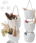 Fabric Wall Hanging Organizers - Small Woven Baskets Pouches Set Boho Style Wall Mounted Bag with Adhesive Hook, Storage Decoration Pocket Caddy for Closet Playroom RV Nursery (White & White)