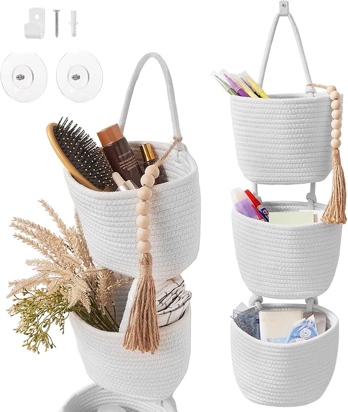 Fabric Wall Hanging Organizers - Small Woven Baskets Pouches Set Boho Style Wall Mounted Bag with Adhesive Hook, Storage Decoration Pocket Caddy for Closet Playroom RV Nursery (White & White)