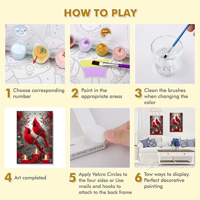 Bowetile Christmas Paint by Numbers for Adults Beginners Framed, Adults' Paint-by-Number Cardinal Kits on Canvas, Acrylic Number Painting Christmas Gifts for Home Wall Decor, 8x12in