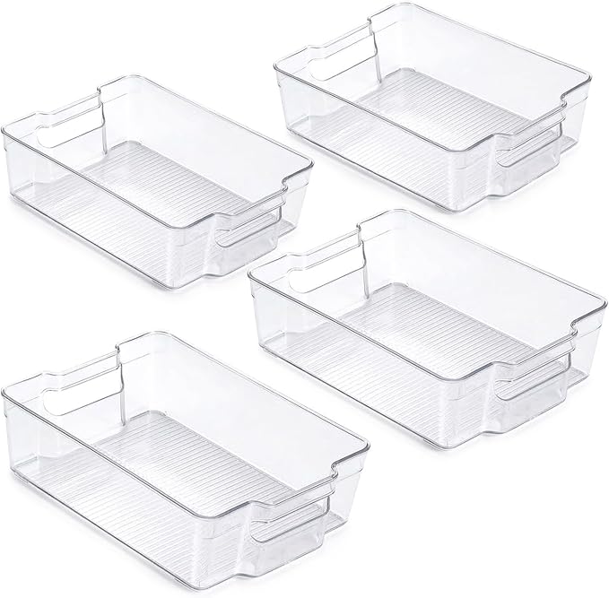Zulay Kitchen 4 Pack Refrigerator Organizer Bins – Large Clear Fridge Storage Containers with Built-In Handles & Non-Slip Feet - Ideal Fridge Organizers, Kitchen Cabinets, Pantry Organization