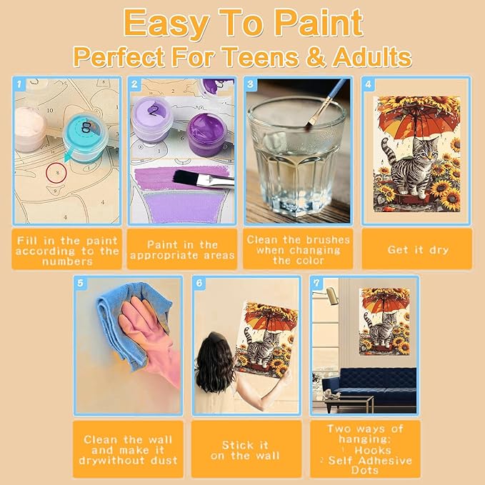 Meothan Framed Paint by Numbers Kits for Adults, Cat Paint by Numbers for Adults Beginners, Sunflower Paint by Numbers Kits on Canvas with Framed for Home Wall Decor 12x16inch (with Easel)