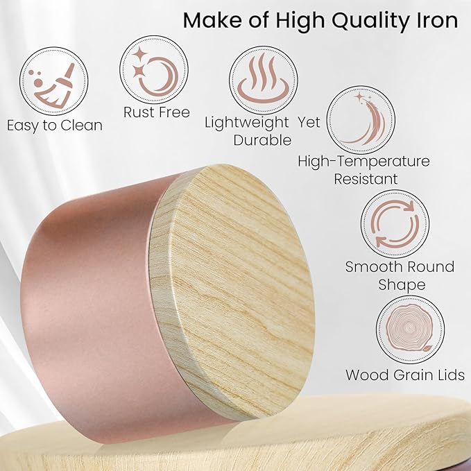 CONNOO 24 Pack Candle Tins, 12pcs 8 OZ & 12pcs 4 OZ Rose Gold Jars with Metal Wood-Grain Lids, Bulk Empty Containers for Candle Making, Wick Kit Included