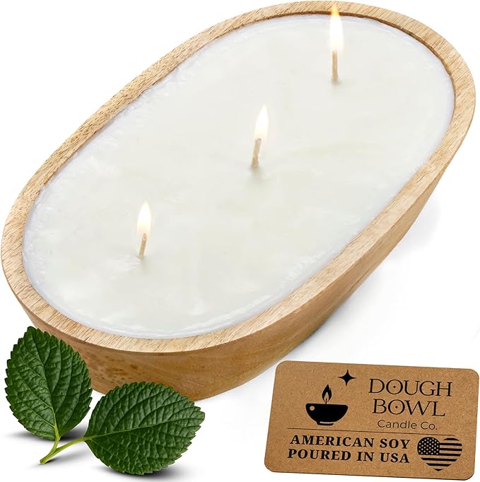 Dough Bowl Candle Co. Sandalwood Soy Candle - 3 Wick Rustic Farmhouse Decor Odor Eliminator in Wooden Bowls, 20 Ounce Wooden Dough Bowl Candle, All-Natural Gifts for Women and Men, Coffee Table Decor