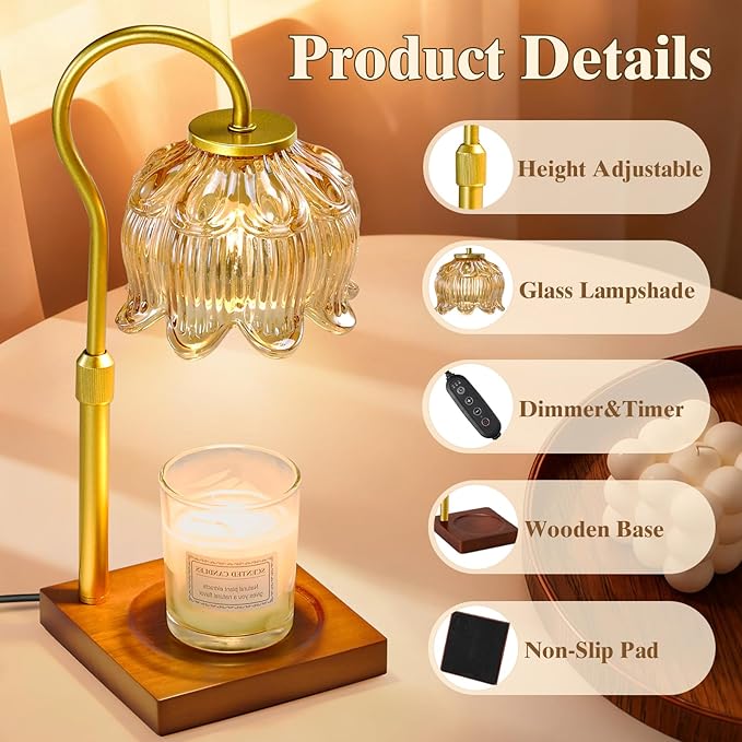 Shevvi Candle Warmer Lamp with Timer, Dimmable Candle Warmer for Jar Candles, Gifts for Women Mom, Height Adjustable Wax Melt Warmer, House Warming Birthday Gift, New Home Decor, Walnut Gold