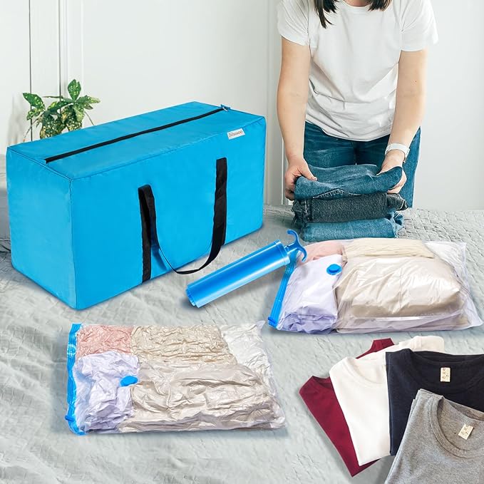 Extra Large Moving Bags Heavy Duty Space Saver Vacuum Storage Vacuum Seal for Clothing Packing Blue for Moving Vaccine Sealed Blue Storage Bags (6 Pack)