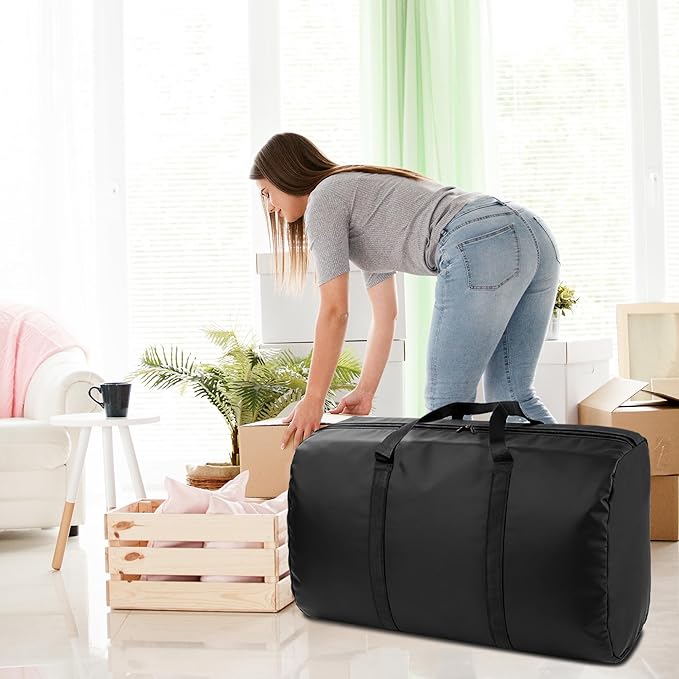 2 Pack 96L Extra Large Moving Bags with Zippers & Carrying Handles for Storage, Packing, Traveling, Camping, Langdry, Big Heavy Duty Moving Totes Bags for Clothes, Supplies and Space Saving Black