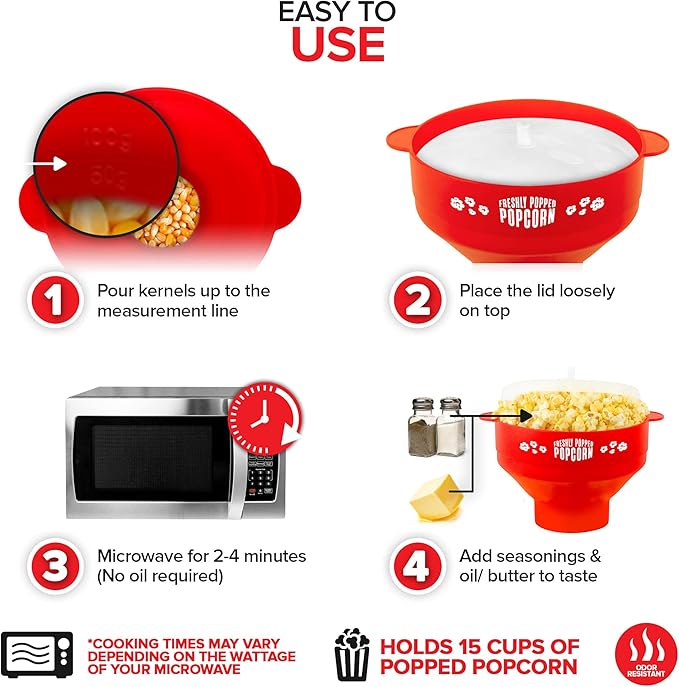 Silicone Microwave Popcorn Popper (Red) Air Popper Popcorn Maker No Oil Required, Collapsible Pop-Corn bowl with Lid, Reusable, BPA-Free, Dishwasher Safe