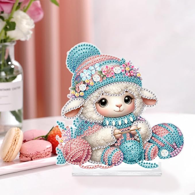 antor Diamond Painting Desktop Ornament Kit, DIY Special Shape Diamond Art Tabletop Decoration, Acrylic Diamond Art Desk Figurine Sheep Knitting Craft Gift